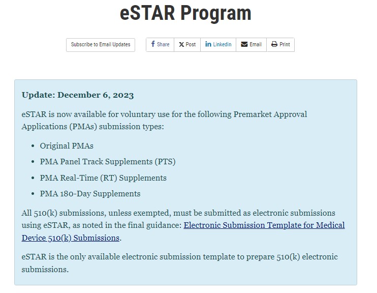 FDA updates their eSTAR templates to submit certain PMA applications